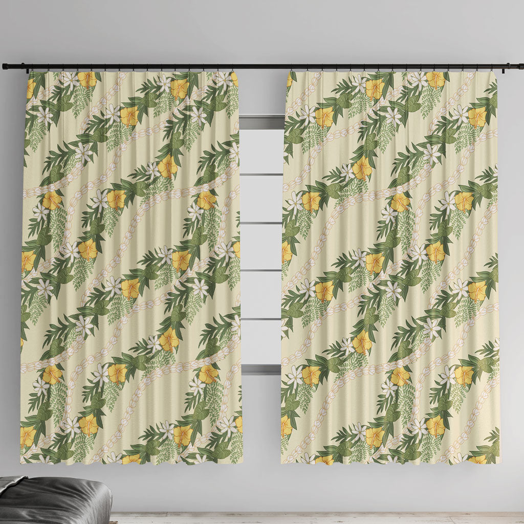 Hawaiian Pikake Maile Lei Window Curtain Tiare Hibiscus Kalo Palapalai Leaf Beige