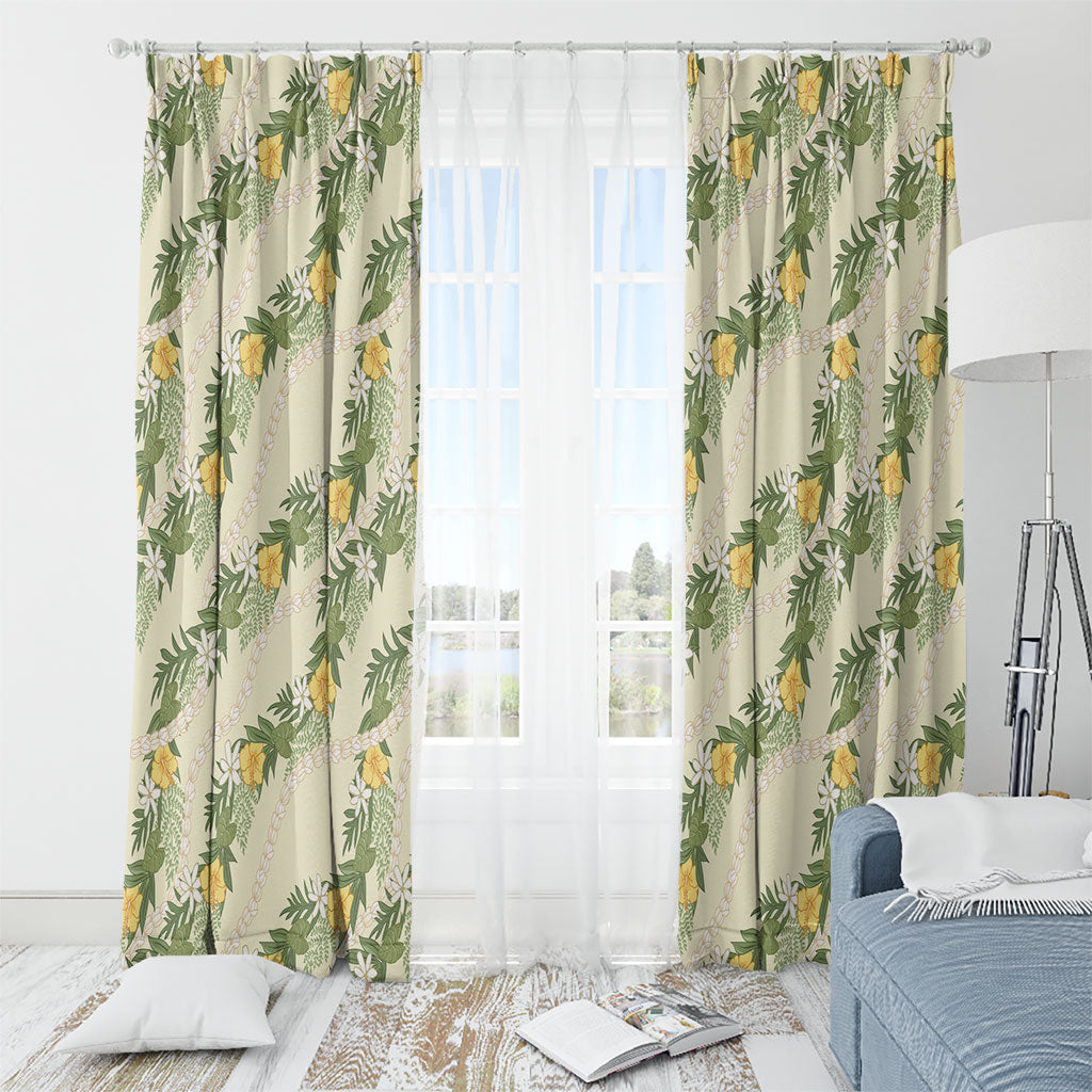 Hawaiian Pikake Maile Lei Window Curtain Tiare Hibiscus Kalo Palapalai Leaf Beige LT19 - Polynesian Pride