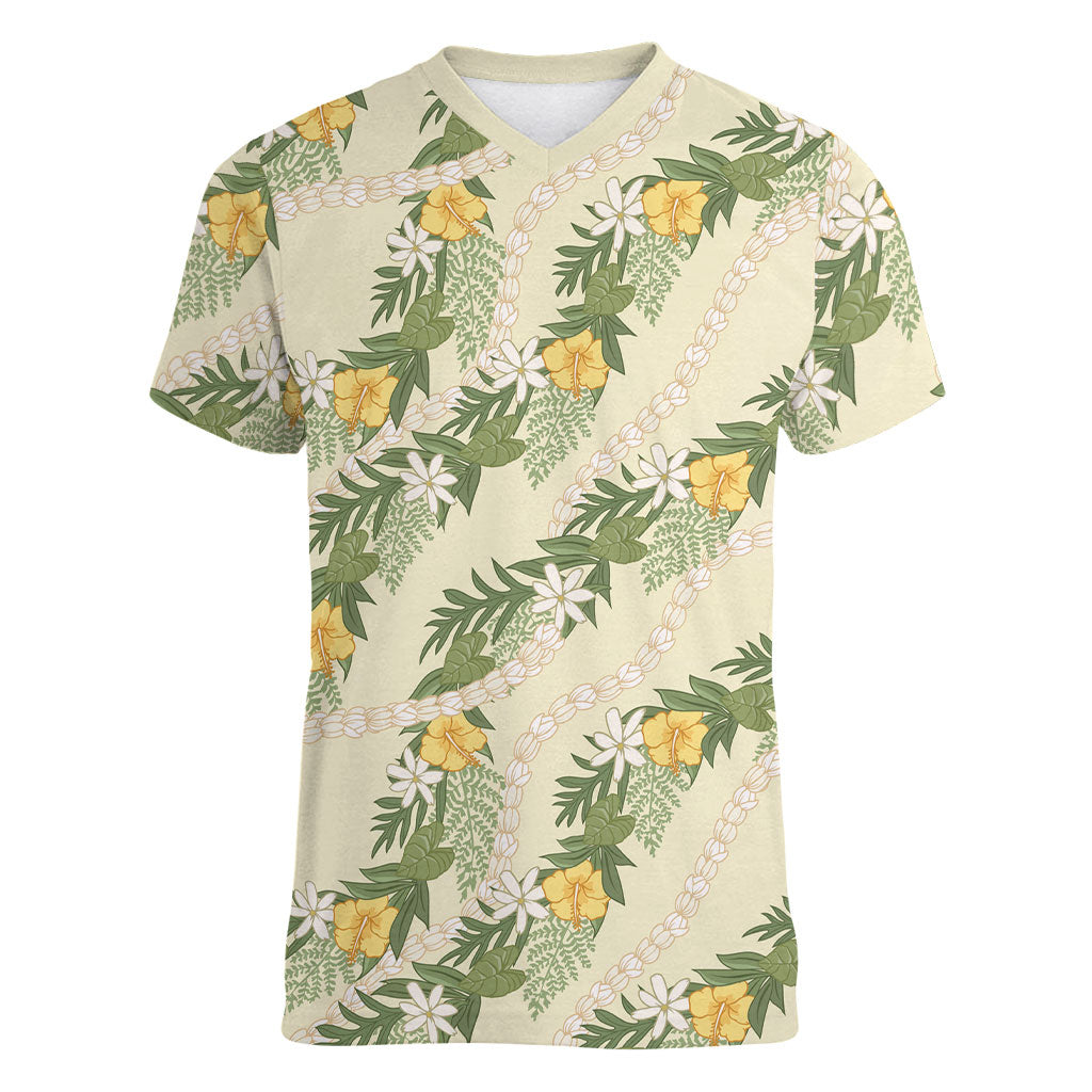 Hawaiian Pikake Maile Lei Women V-Neck T-Shirt Tiare Hibiscus Kalo Palapalai Leaf Beige LT19 Female Beige - Polynesian Pride