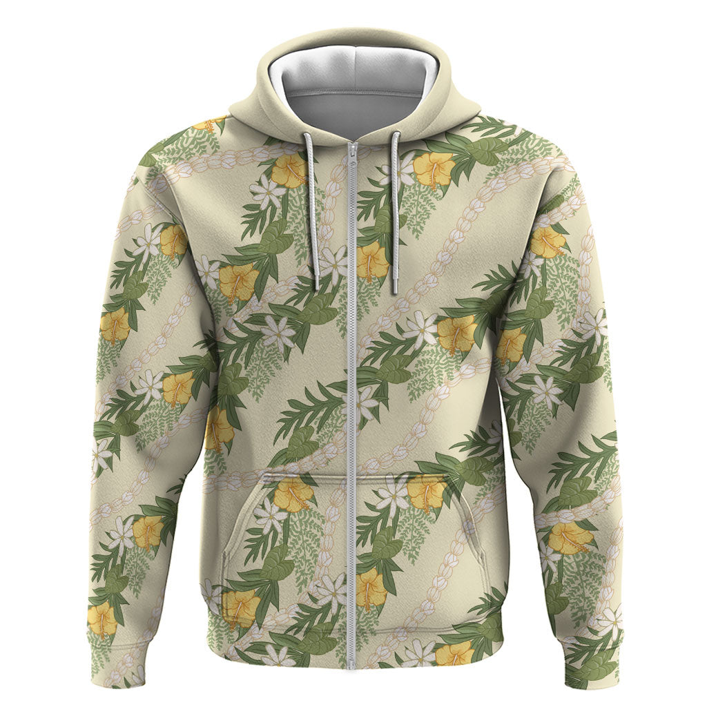 Hawaiian Pikake Maile Lei Zip Hoodie Tiare Hibiscus Kalo Palapalai Leaf Beige