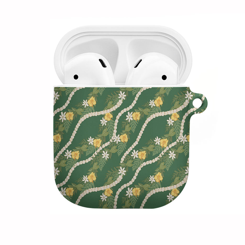 Hawaiian Pikake Maile Lei AirPods Case Tiare Hibiscus Kalo Palapalai Leaf Green LT19 Green - Polynesian Pride