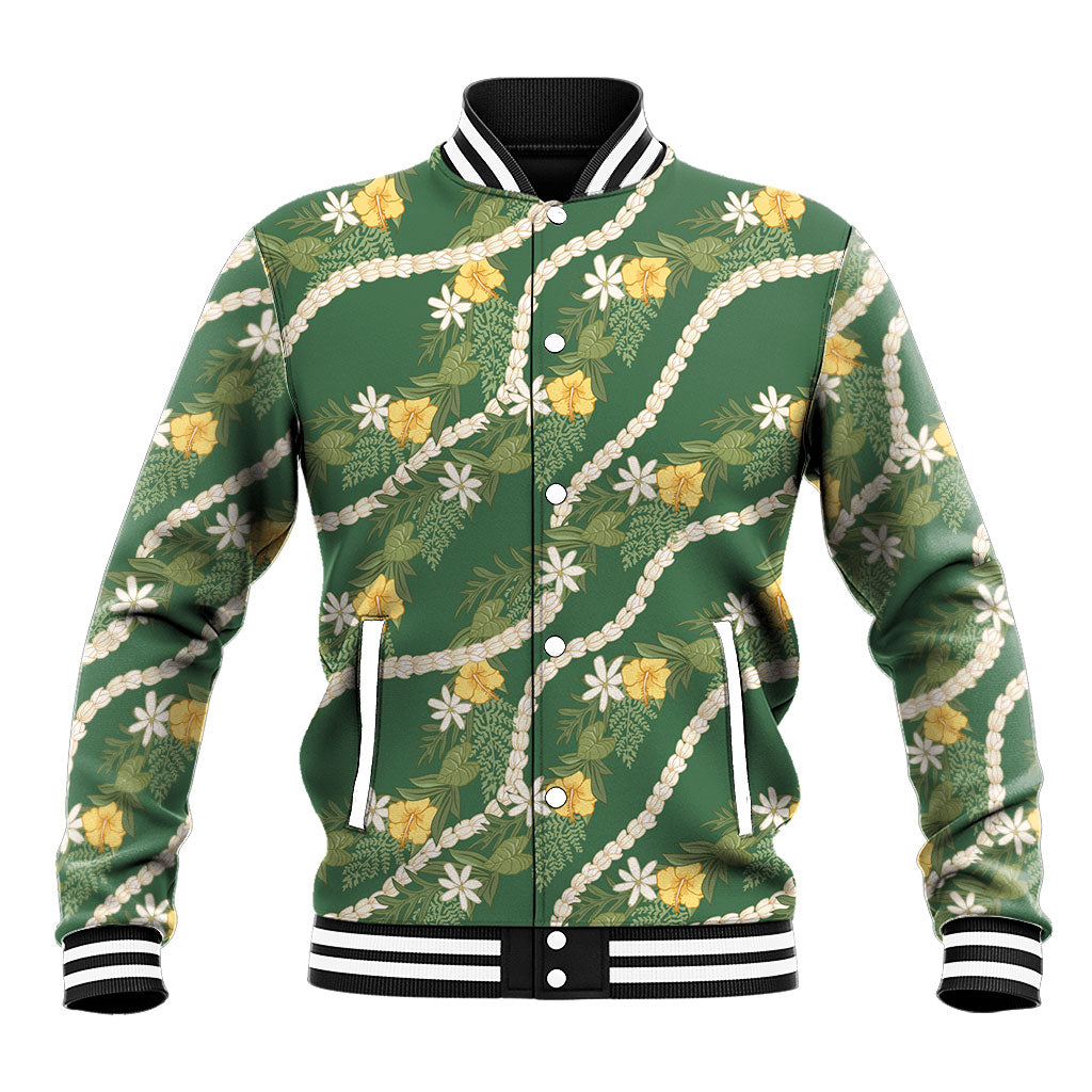 Hawaiian Pikake Maile Lei Baseball Jacket Tiare Hibiscus Kalo Palapalai Leaf Green LT19 Unisex Green - Polynesian Pride