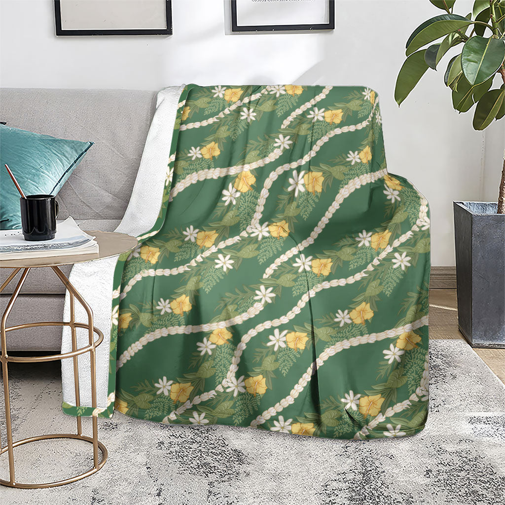 Hawaiian Pikake Maile Lei Blanket Tiare Hibiscus Kalo Palapalai Leaf Green LT19 - Polynesian Pride