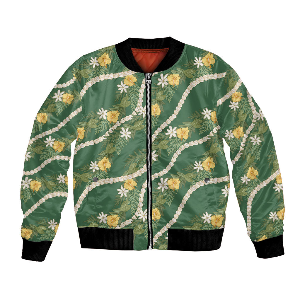 Hawaiian Pikake Maile Lei Bomber Jacket Tiare Hibiscus Kalo Palapalai Leaf Green