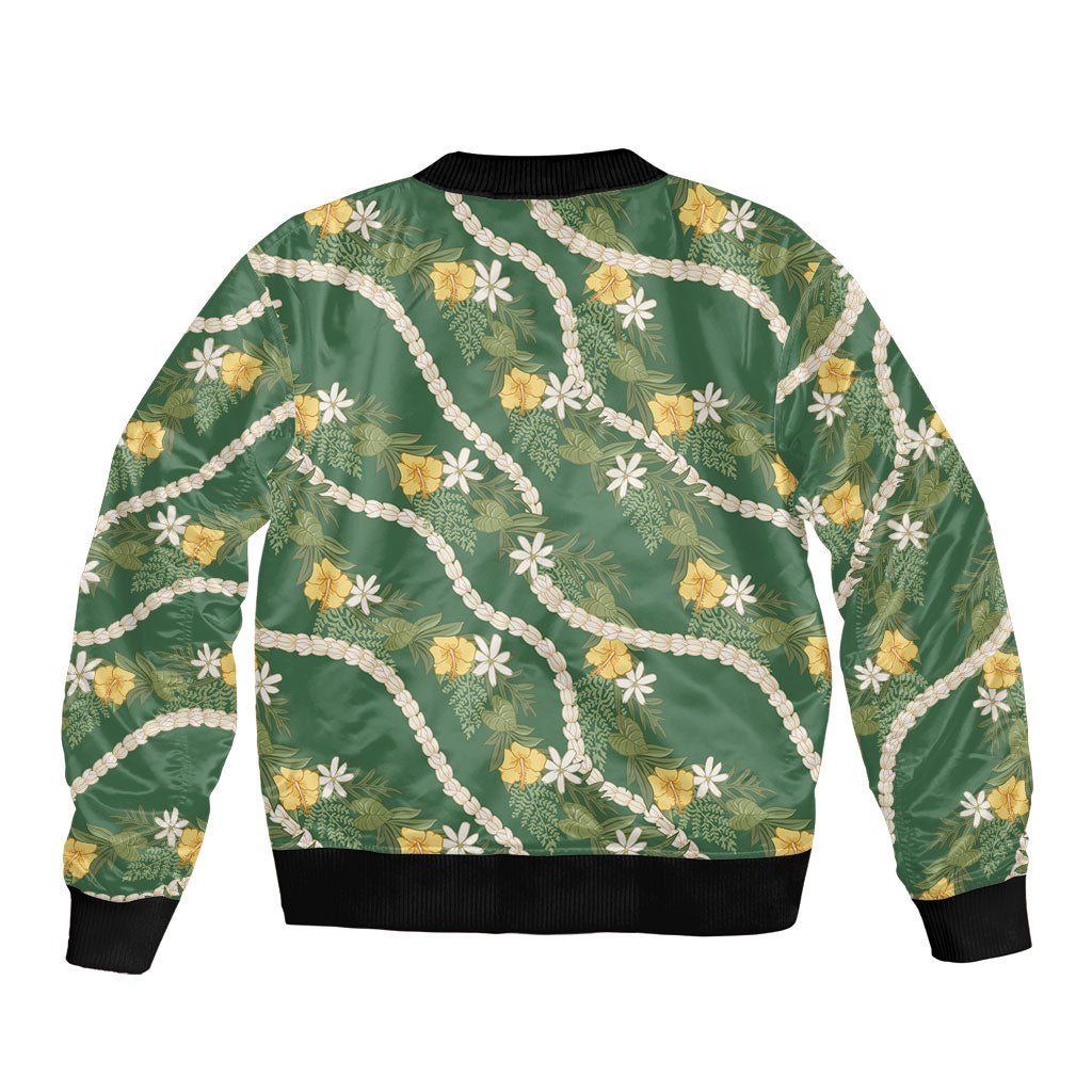 Hawaiian Pikake Maile Lei Bomber Jacket Tiare Hibiscus Kalo Palapalai Leaf Green LT19 - Polynesian Pride