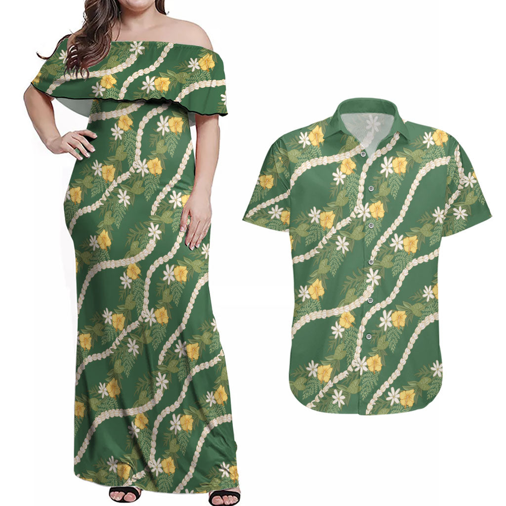 Hawaiian Pikake Maile Lei Couples Matching Off Shoulder Maxi Dress and Hawaiian Shirt Tiare Hibiscus Kalo Palapalai Leaf Green
