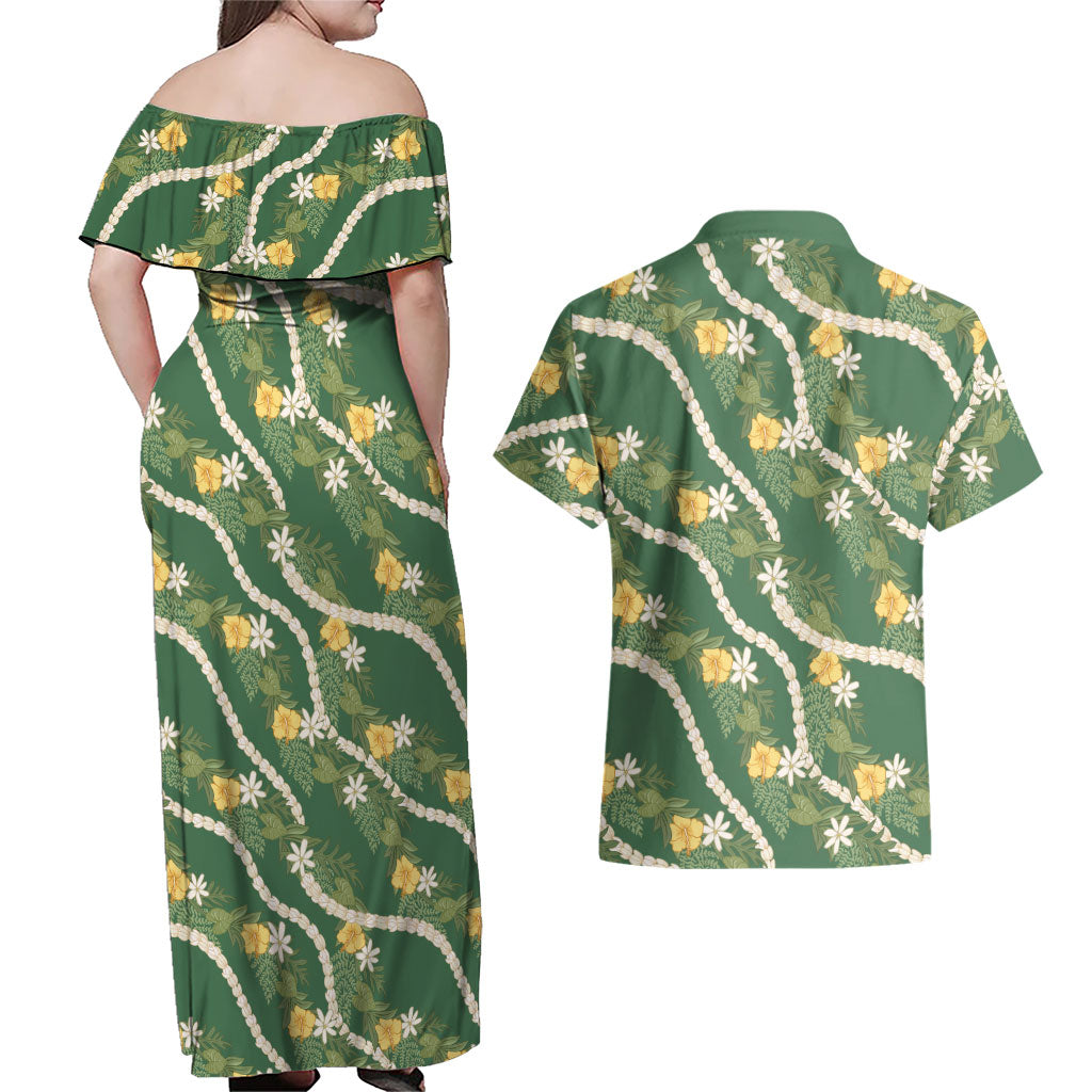 Hawaiian Pikake Maile Lei Couples Matching Off Shoulder Maxi Dress and Hawaiian Shirt Tiare Hibiscus Kalo Palapalai Leaf Green