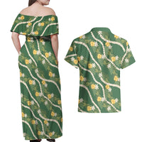Hawaiian Pikake Maile Lei Couples Matching Off Shoulder Maxi Dress and Hawaiian Shirt Tiare Hibiscus Kalo Palapalai Leaf Green