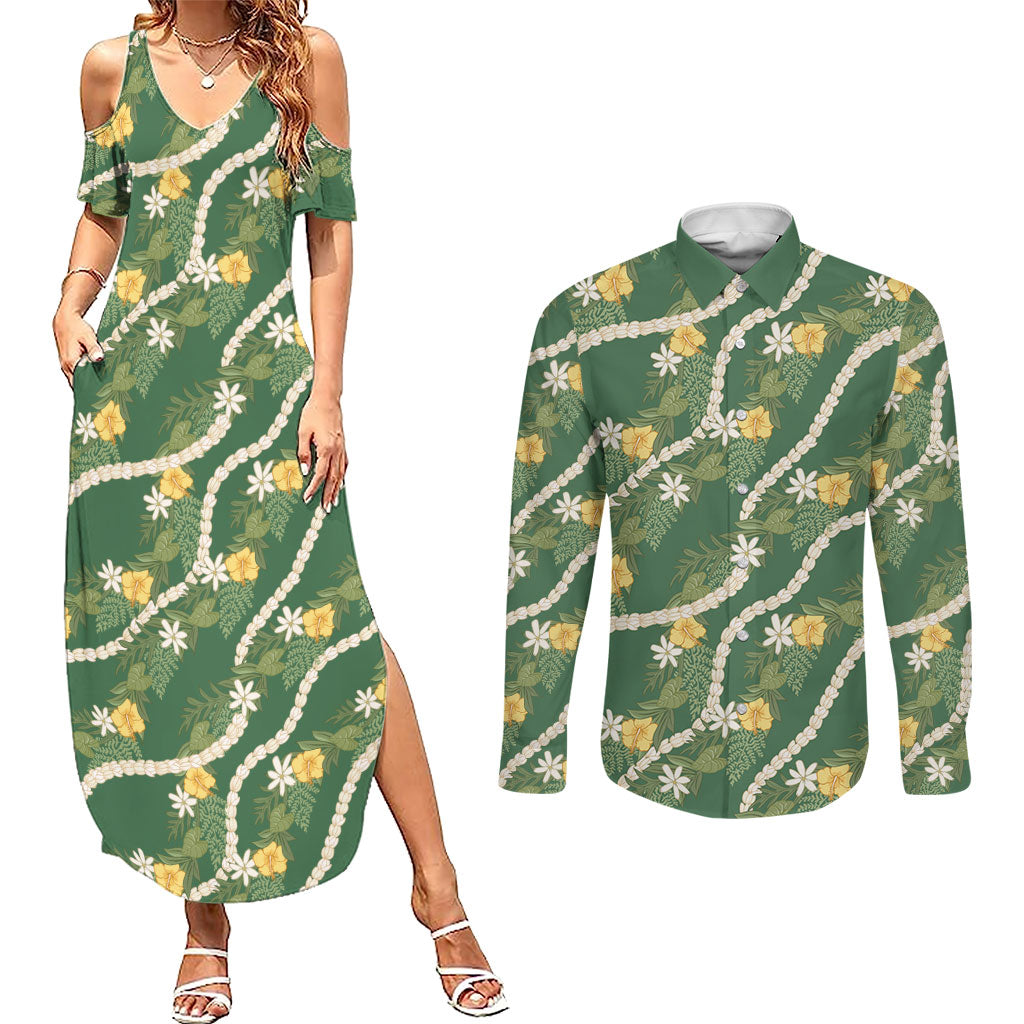 Hawaiian Pikake Maile Lei Couples Matching Summer Maxi Dress and Long Sleeve Button Shirt Tiare Hibiscus Kalo Palapalai Leaf Green