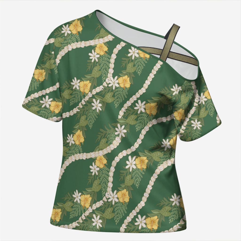 Hawaiian Pikake Maile Lei Cross Shoulder Shirt Tiare Hibiscus Kalo Palapalai Leaf Green LT19 Female Green - Polynesian Pride