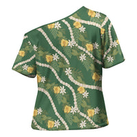 Hawaiian Pikake Maile Lei Cross Shoulder Shirt Tiare Hibiscus Kalo Palapalai Leaf Green
