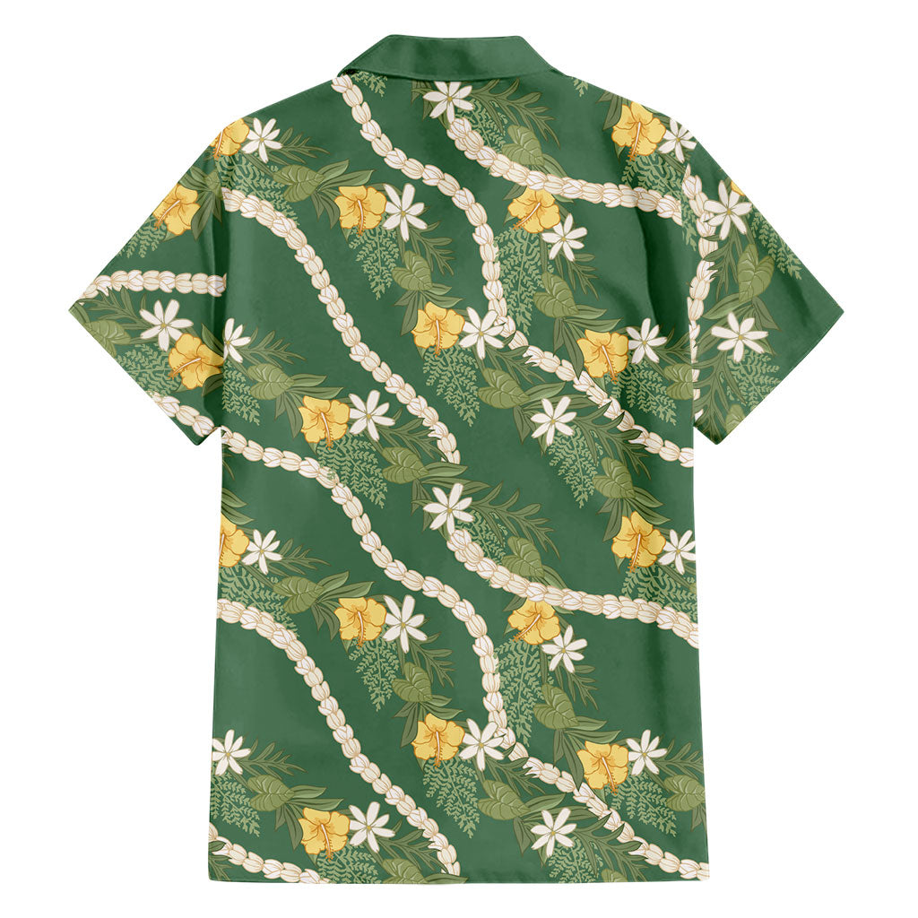 Hawaiian Pikake Maile Lei Family Matching Off Shoulder Short Dress and Hawaiian Shirt Tiare Hibiscus Kalo Palapalai Leaf Green LT19 - Polynesian Pride