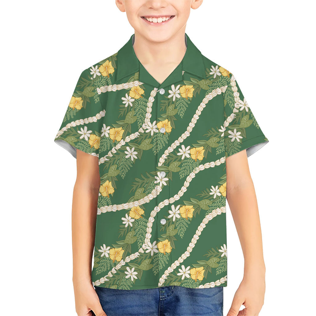 Hawaiian Pikake Maile Lei Family Matching Off Shoulder Short Dress and Hawaiian Shirt Tiare Hibiscus Kalo Palapalai Leaf Green LT19 Son's Shirt Green - Polynesian Pride