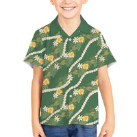Hawaiian Pikake Maile Lei Family Matching Off Shoulder Short Dress and Hawaiian Shirt Tiare Hibiscus Kalo Palapalai Leaf Green LT19 Son's Shirt Green - Polynesian Pride