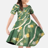 Hawaiian Pikake Maile Lei Family Matching Summer Maxi Dress and Hawaiian Shirt Tiare Hibiscus Kalo Palapalai Leaf Green LT19 Daughter's Dress Green - Polynesian Pride
