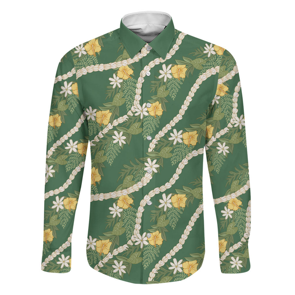 Hawaiian Pikake Maile Lei Family Matching Tank Maxi Dress and Hawaiian Shirt Tiare Hibiscus Kalo Palapalai Leaf Green LT19 Dad's Shirt - Long Sleeve Green - Polynesian Pride