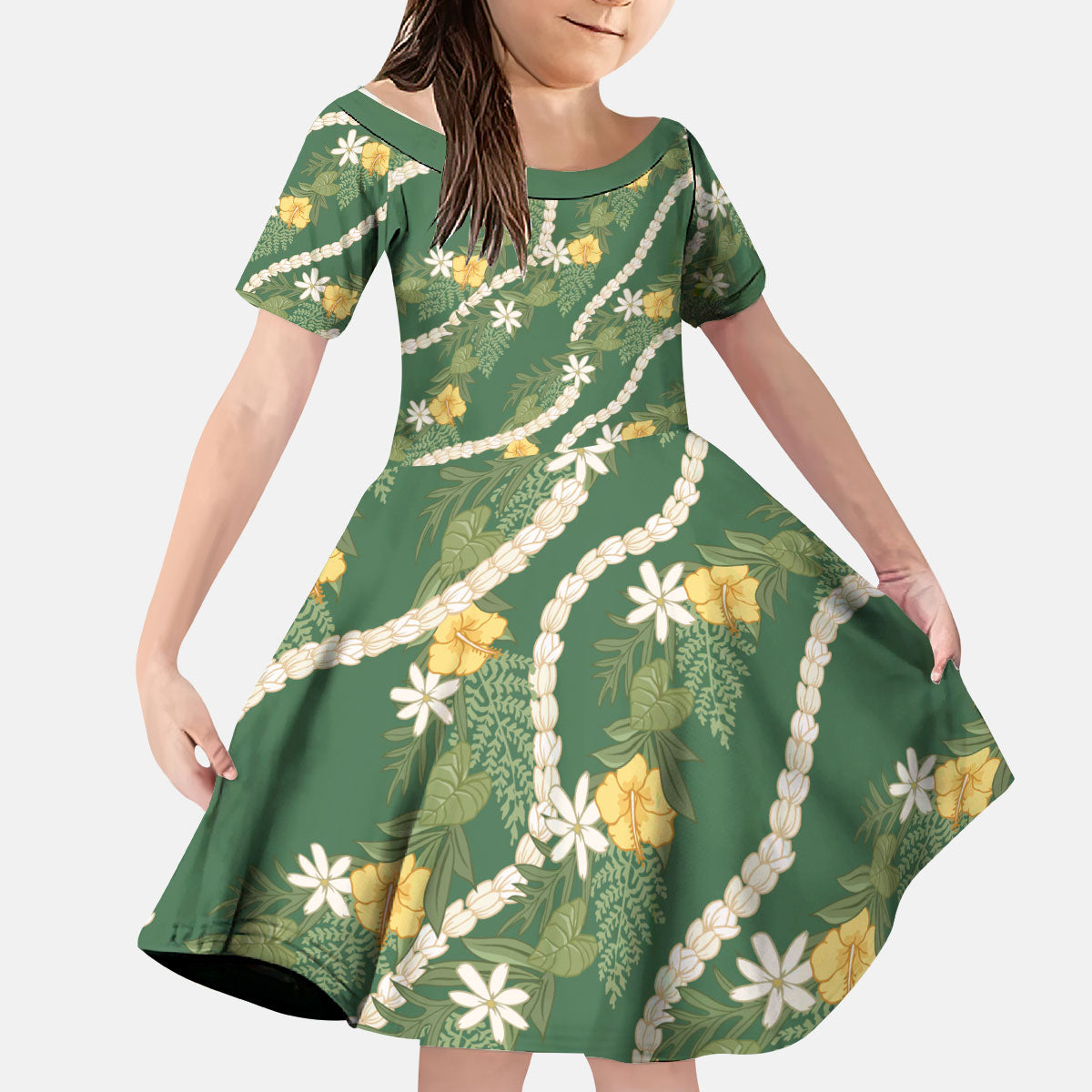 Hawaiian Pikake Maile Lei Kid Short Sleeve Dress Tiare Hibiscus Kalo Palapalai Leaf Green