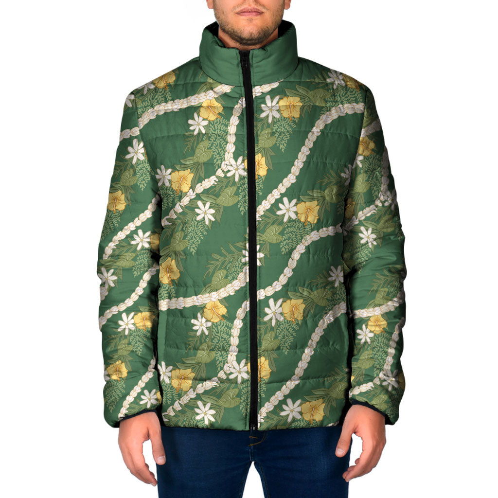 Hawaiian Pikake Maile Lei Padded Jacket Tiare Hibiscus Kalo Palapalai Leaf Green LT19 Men Green - Polynesian Pride