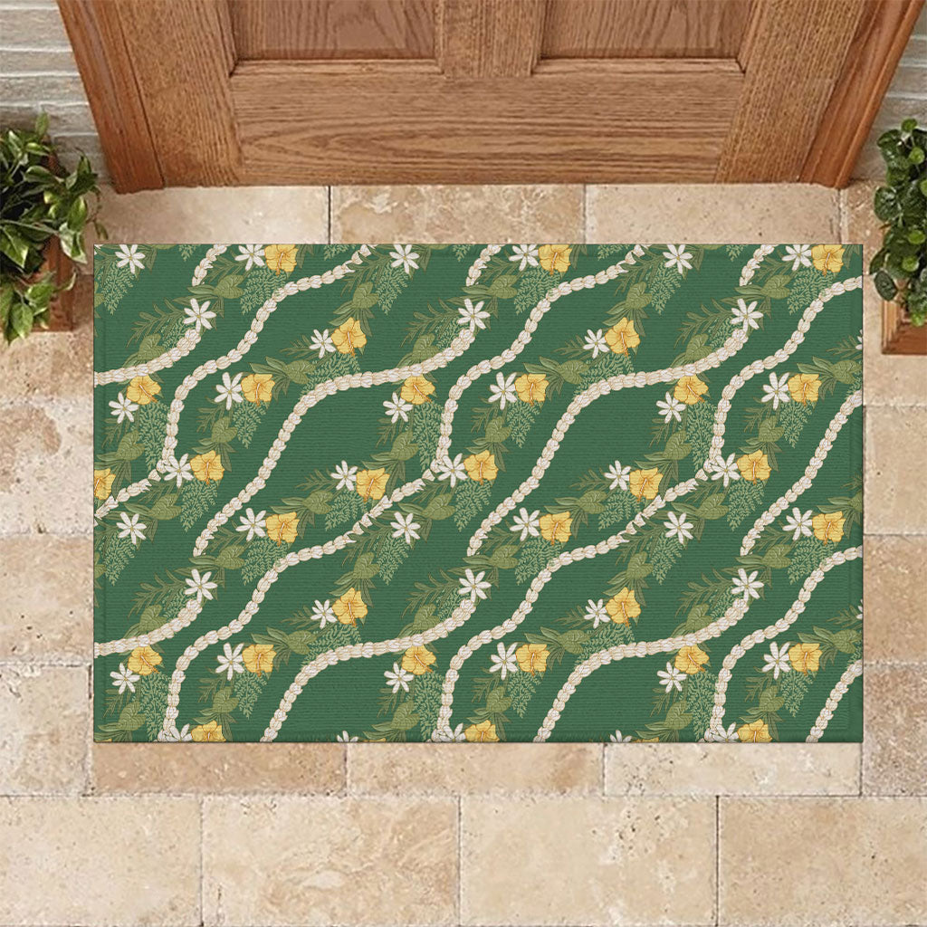 Hawaiian Pikake Maile Lei Rubber Doormat Tiare Hibiscus Kalo Palapalai Leaf Green LT19 Green - Polynesian Pride