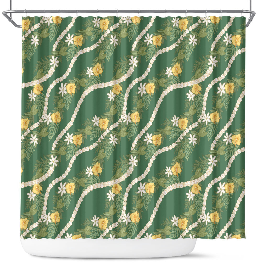 Hawaiian Pikake Maile Lei Shower Curtain Tiare Hibiscus Kalo Palapalai Leaf Green LT19 Green - Polynesian Pride