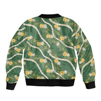 Hawaiian Pikake Maile Lei Sleeve Zip Bomber Jacket Tiare Hibiscus Kalo Palapalai Leaf Green LT19 - Polynesian Pride