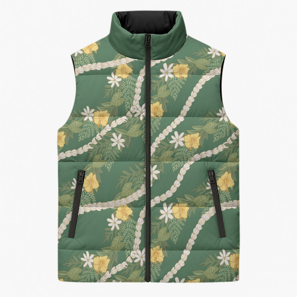 Hawaiian Pikake Maile Lei Sleeveless Puffer Jacket Tiare Hibiscus Kalo Palapalai Leaf Green LT19 Unisex Green - Polynesian Pride