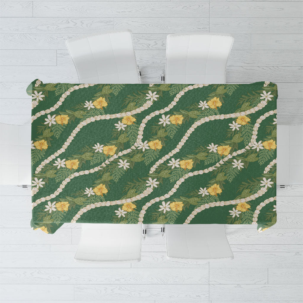 Hawaiian Pikake Maile Lei Tablecloth Tiare Hibiscus Kalo Palapalai Leaf Green