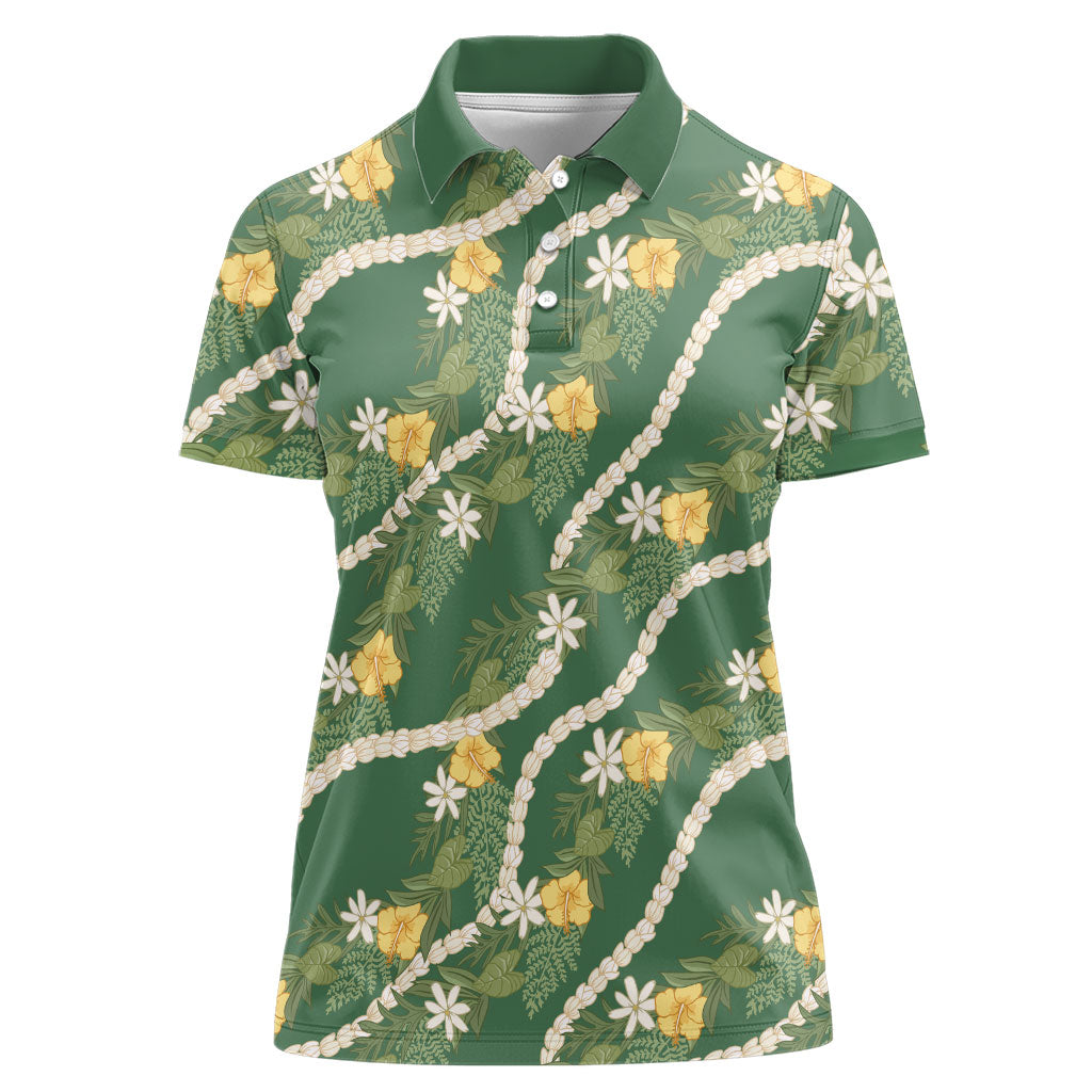 Hawaiian Pikake Maile Lei Women Polo Shirt Tiare Hibiscus Kalo Palapalai Leaf Green