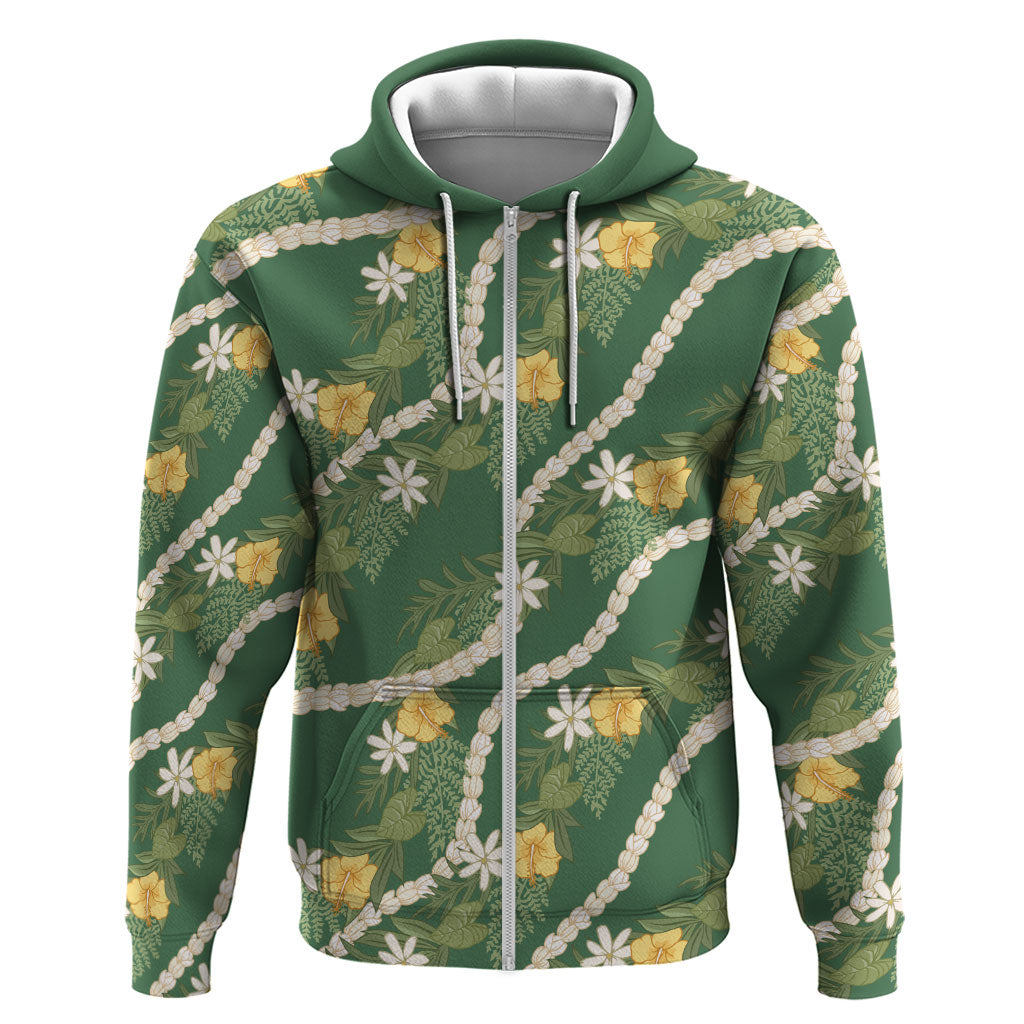 Hawaiian Pikake Maile Lei Zip Hoodie Tiare Hibiscus Kalo Palapalai Leaf Green LT19 Zip Hoodie Green - Polynesian Pride
