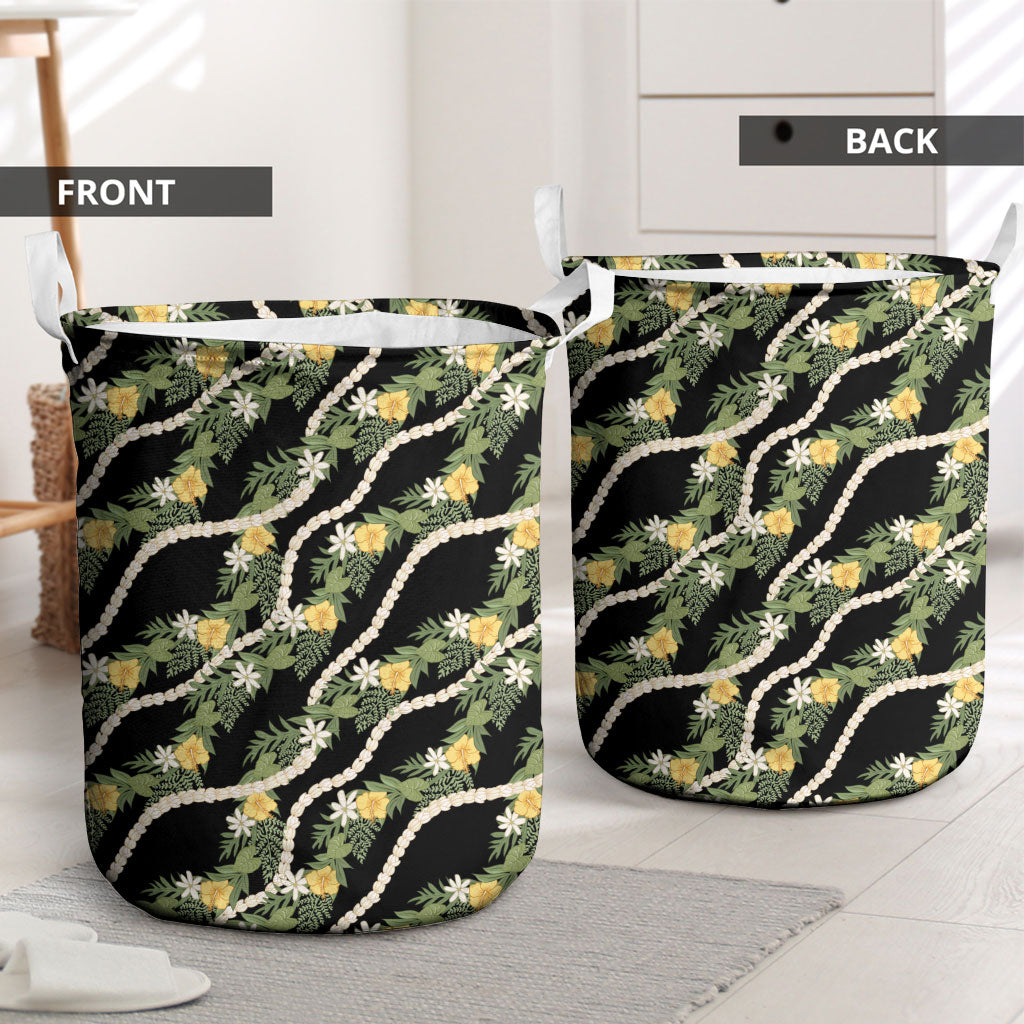 Hawaiian Pikake Maile Lei Laundry Basket Tiare Hibiscus Kalo Palapalai Leaf Black