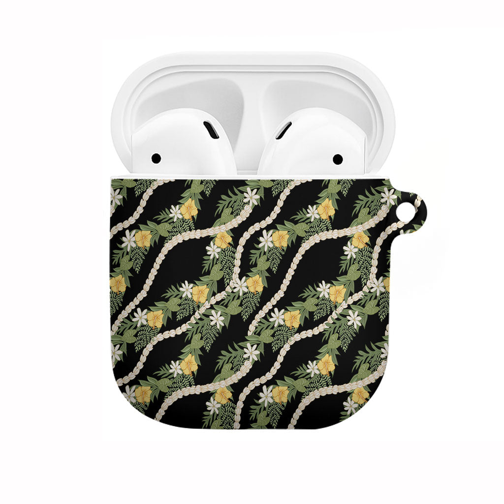 Hawaiian Pikake Maile Lei AirPods Case Tiare Hibiscus Kalo Palapalai Leaf Black LT19 Black - Polynesian Pride