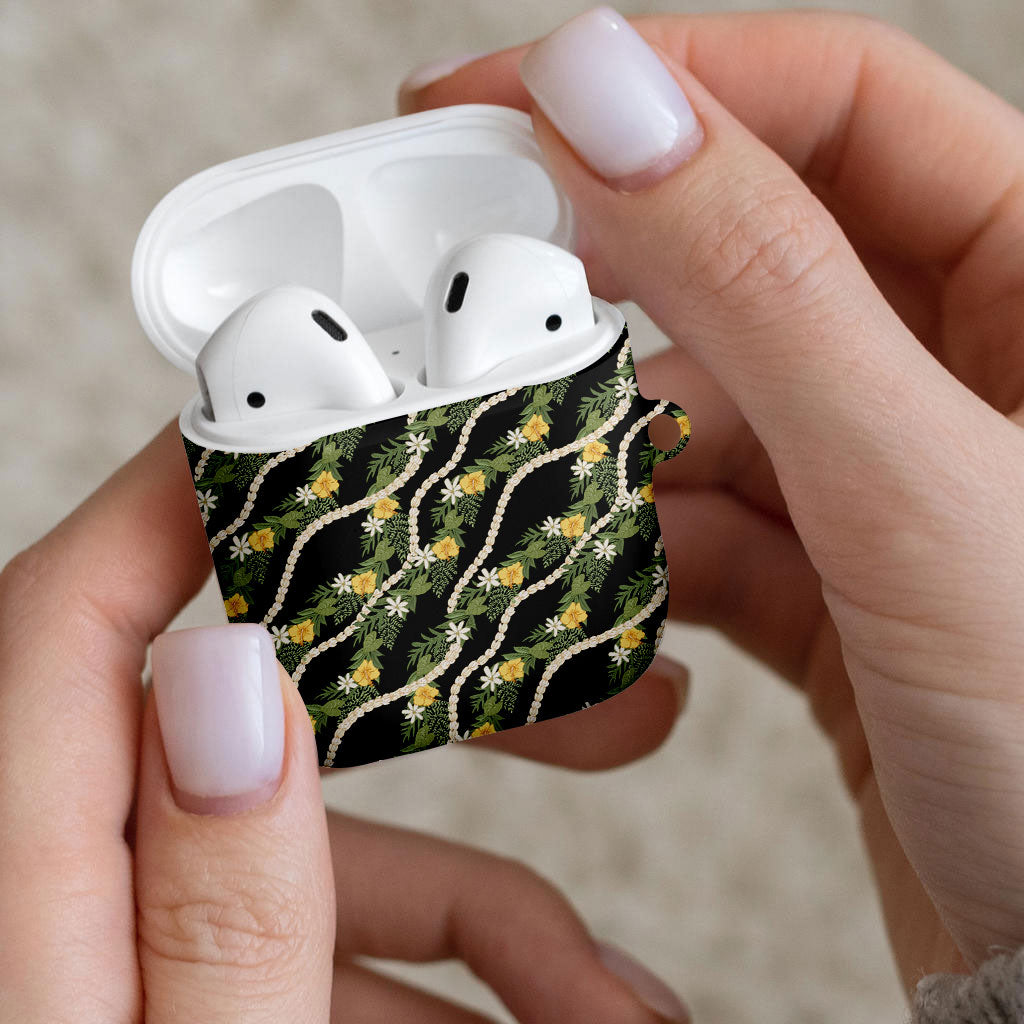 Hawaiian Pikake Maile Lei AirPods Case Tiare Hibiscus Kalo Palapalai Leaf Black LT19 - Polynesian Pride