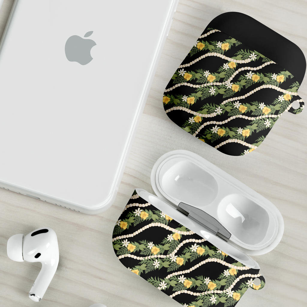 Hawaiian Pikake Maile Lei AirPods Case Tiare Hibiscus Kalo Palapalai Leaf Black LT19 - Polynesian Pride