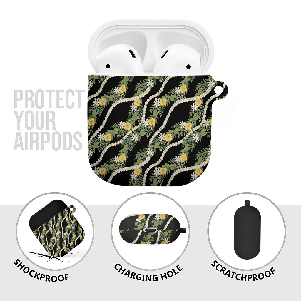 Hawaiian Pikake Maile Lei AirPods Case Tiare Hibiscus Kalo Palapalai Leaf Black LT19 - Polynesian Pride