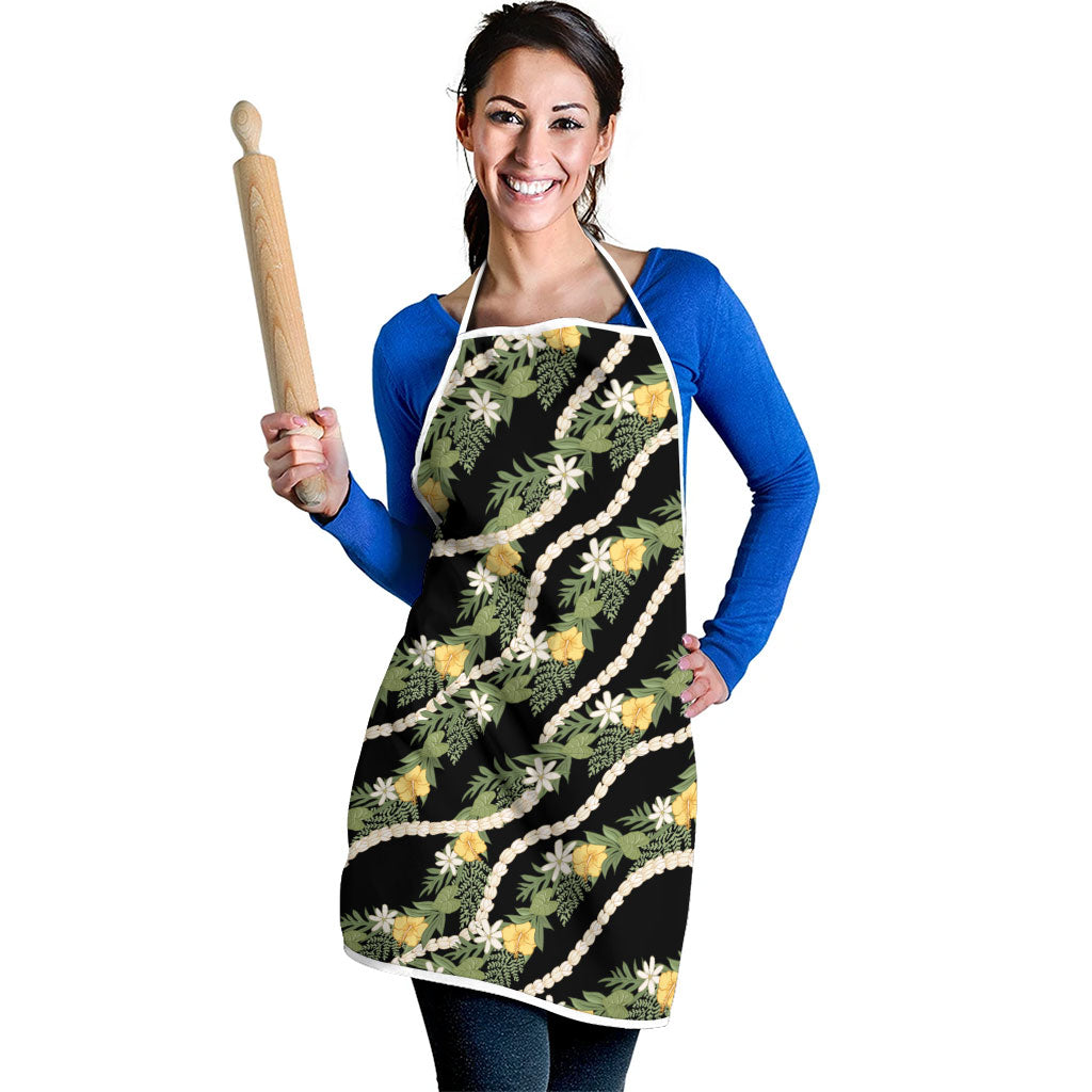Hawaiian Pikake Maile Lei Apron Tiare Hibiscus Kalo Palapalai Leaf Black