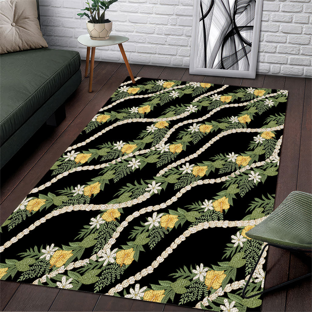 Hawaiian Pikake Maile Lei Area Rug Tiare Hibiscus Kalo Palapalai Leaf Black LT19 Black - Polynesian Pride
