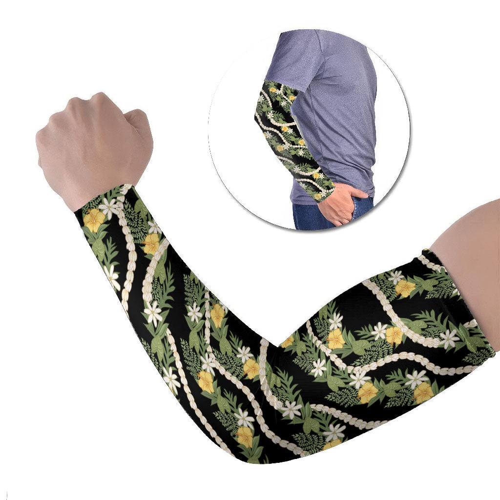 Hawaiian Pikake Maile Lei Arm Sleeves Tiare Hibiscus Kalo Palapalai Leaf Black LT19 Set of 2 Black - Polynesian Pride