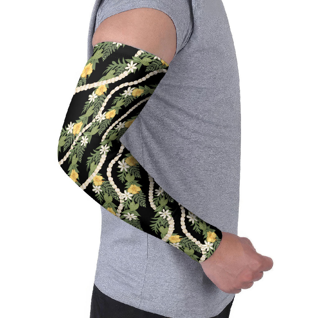 Hawaiian Pikake Maile Lei Arm Sleeves Tiare Hibiscus Kalo Palapalai Leaf Black LT19 - Polynesian Pride