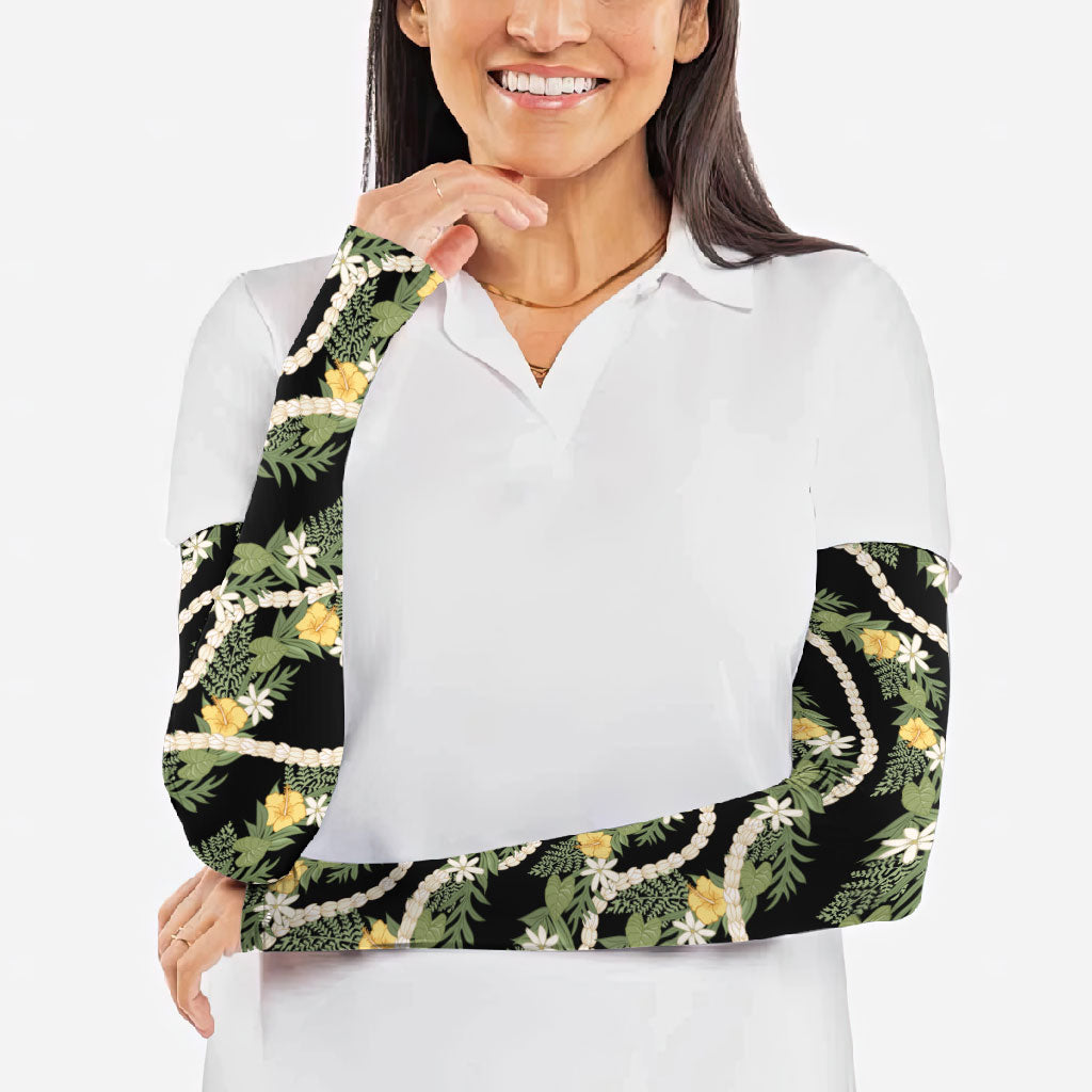 Hawaiian Pikake Maile Lei Arm Sleeves Tiare Hibiscus Kalo Palapalai Leaf Black LT19 - Polynesian Pride