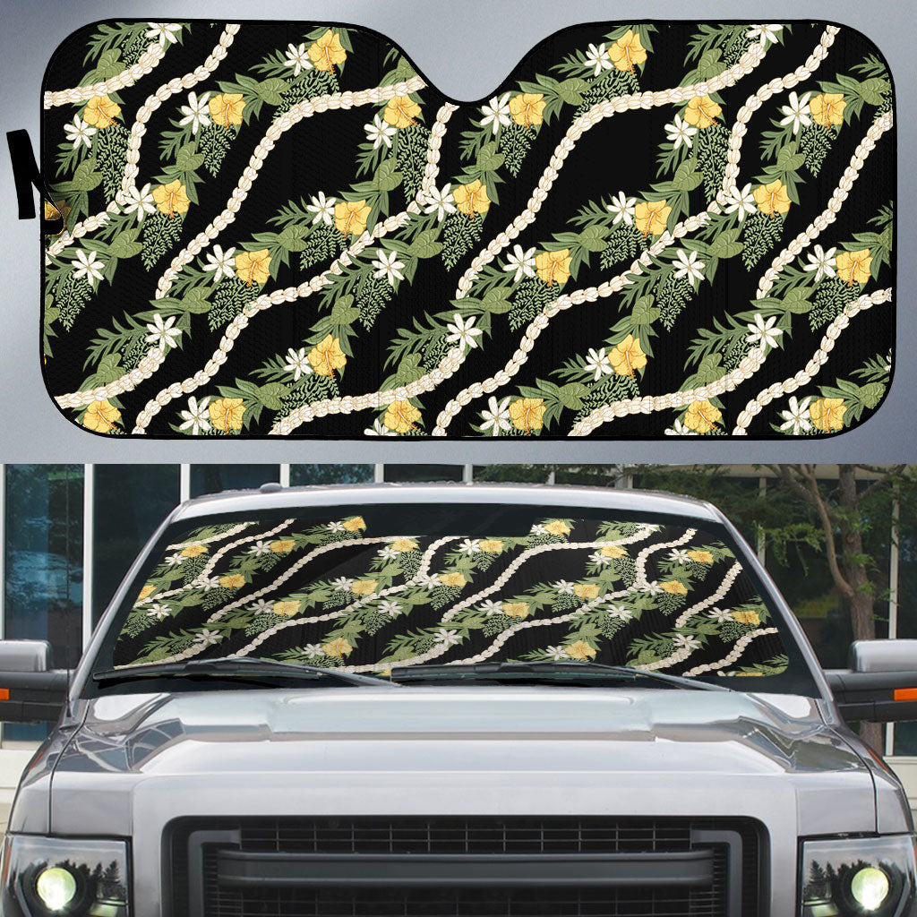 Hawaiian Pikake Maile Lei Auto Sun Shade Tiare Hibiscus Kalo Palapalai Leaf Black LT19 Black - Polynesian Pride