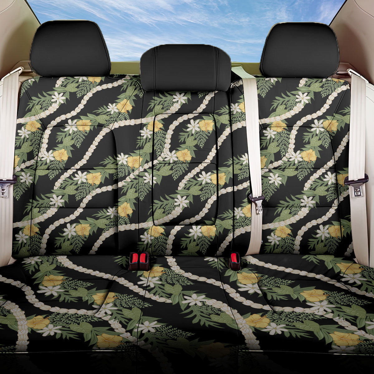 Hawaiian Pikake Maile Lei Back Car Seat Cover Tiare Hibiscus Kalo Palapalai Leaf Black LT19 One Size Black - Polynesian Pride