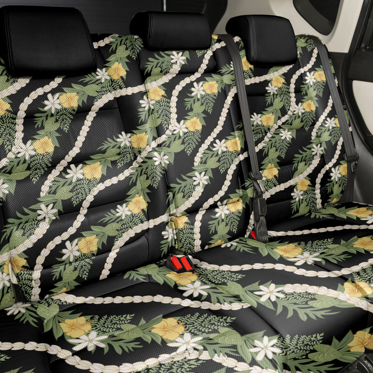 Hawaiian Pikake Maile Lei Back Car Seat Cover Tiare Hibiscus Kalo Palapalai Leaf Black LT19 - Polynesian Pride