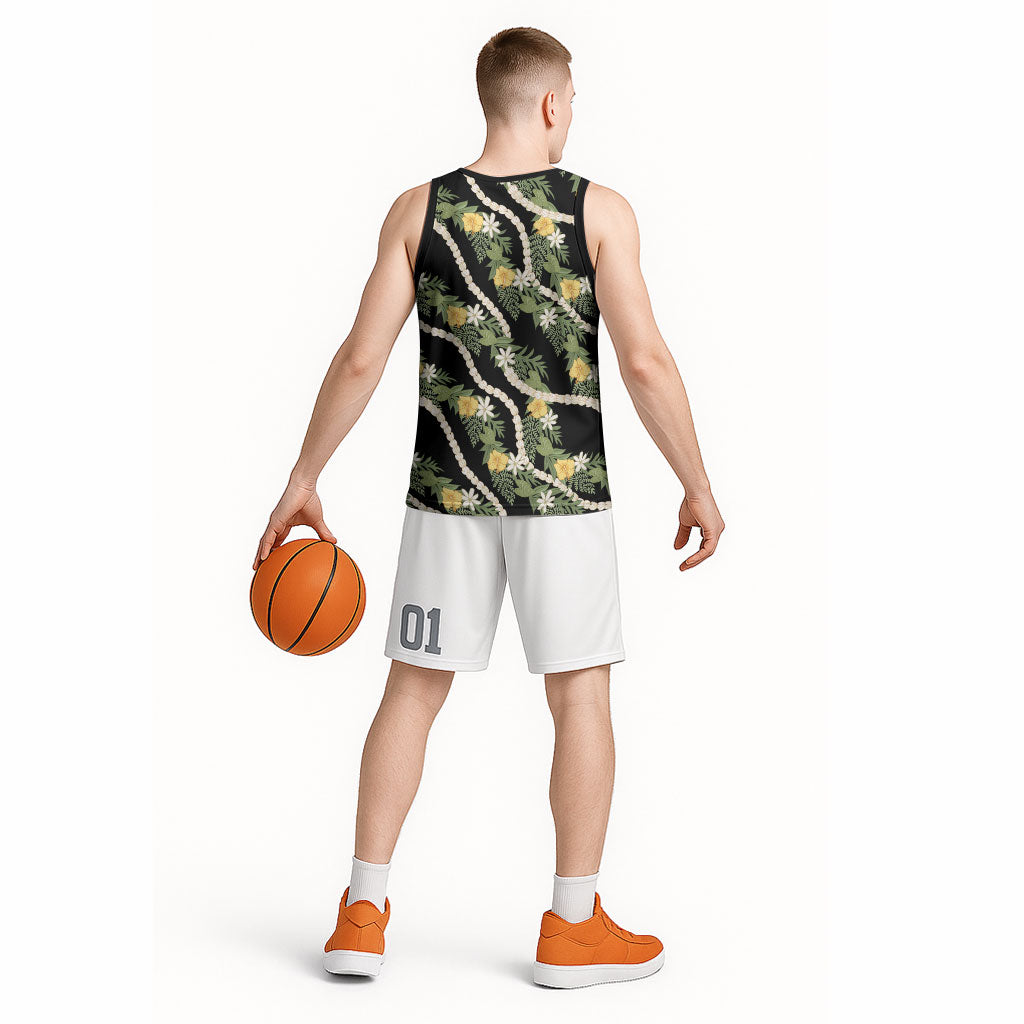 Hawaiian Pikake Maile Lei Basketball Jersey Tiare Hibiscus Kalo Palapalai Leaf Black LT19 - Polynesian Pride