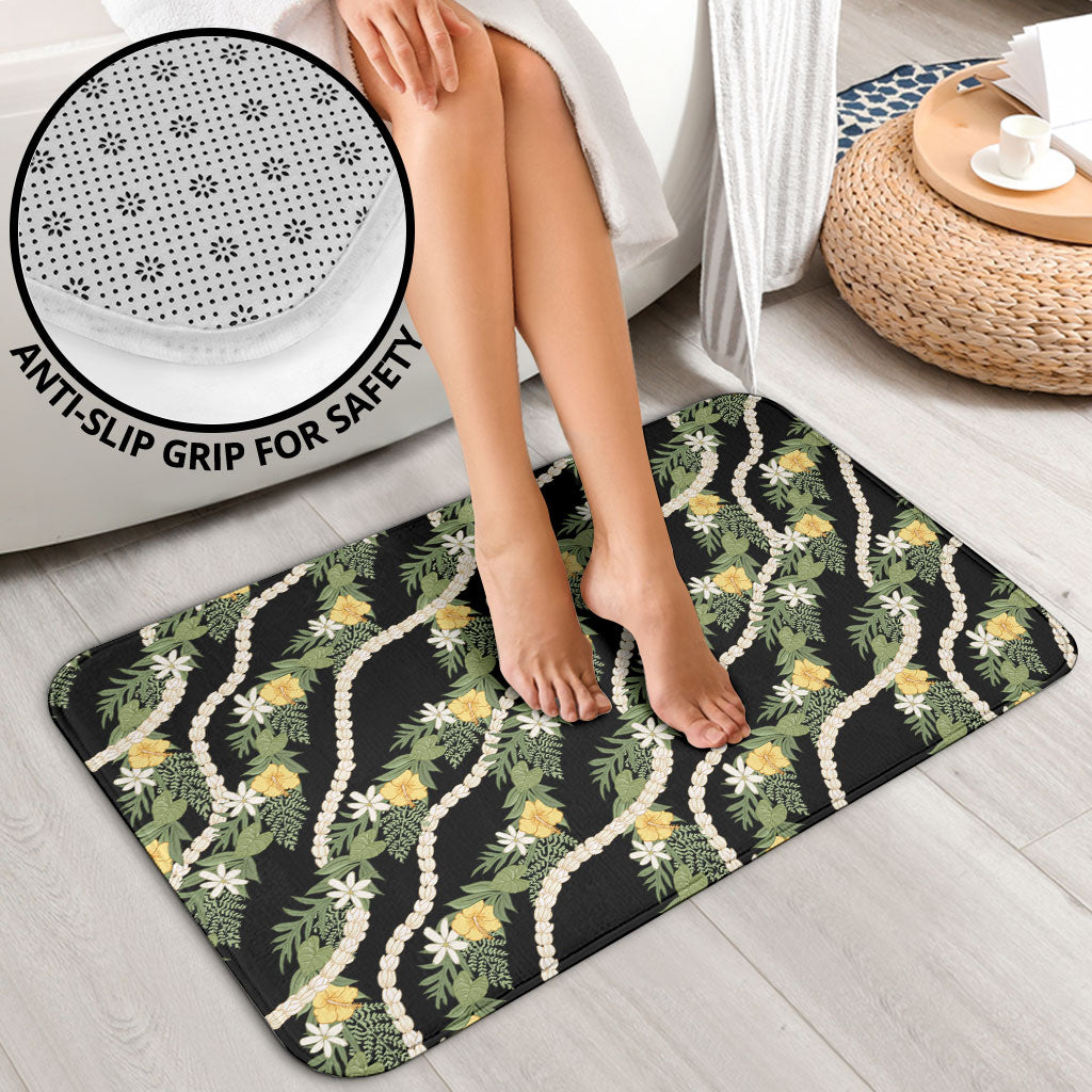 Hawaiian Pikake Maile Lei Bathroom Set Tiare Hibiscus Kalo Palapalai Leaf Black