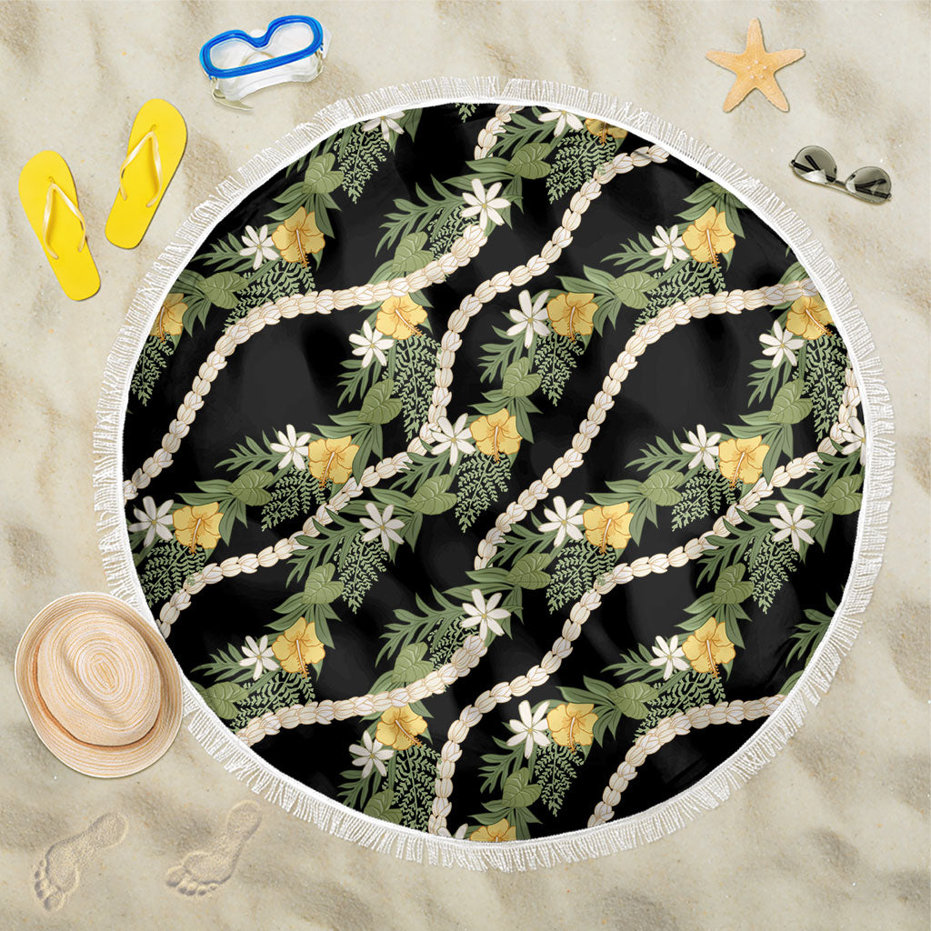 Hawaiian Pikake Maile Lei Beach Blanket Tiare Hibiscus Kalo Palapalai Leaf Black LT19 One Size 150cm Black - Polynesian Pride