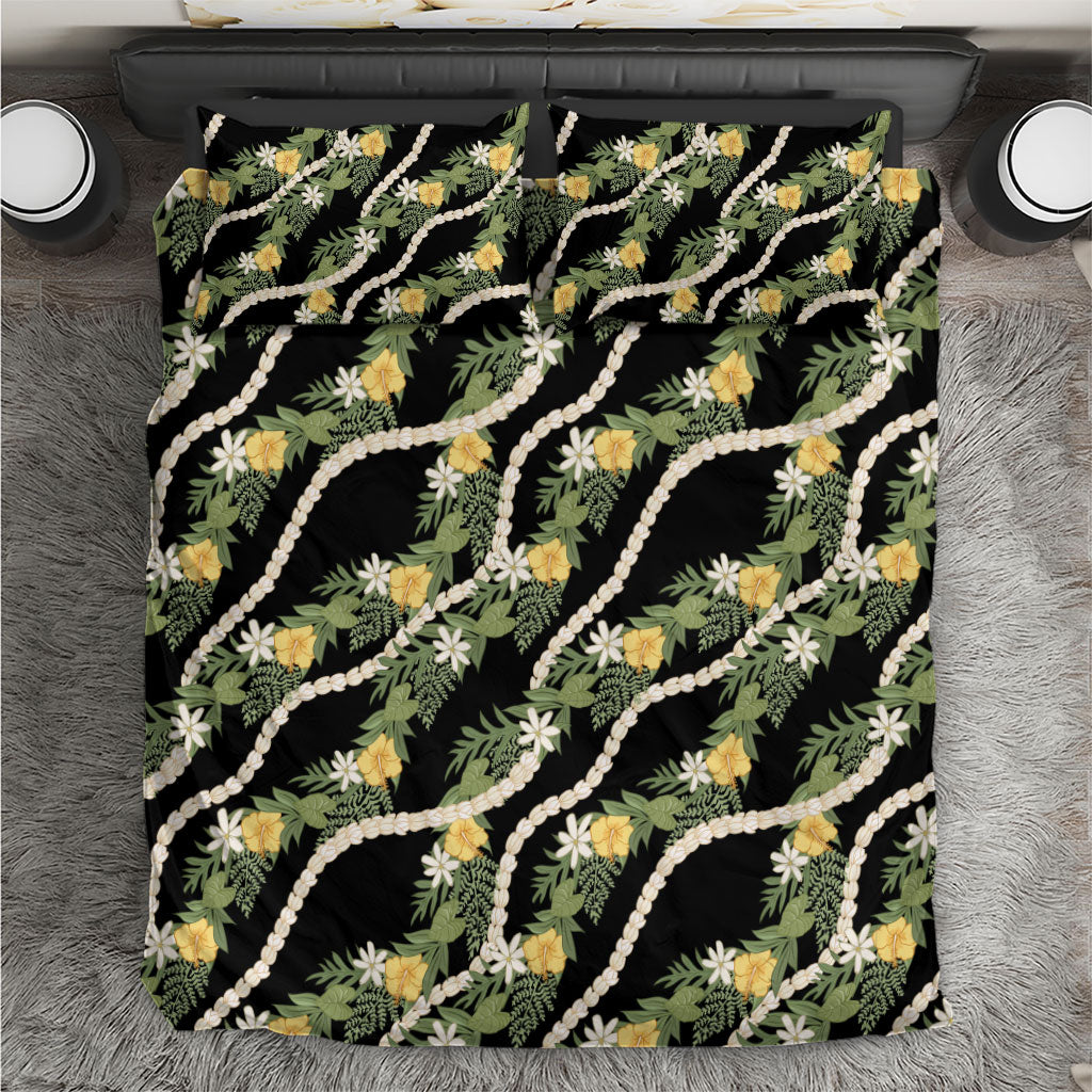 Hawaiian Pikake Maile Lei Bedding Set Tiare Hibiscus Kalo Palapalai Leaf Black LT19 Black - Polynesian Pride
