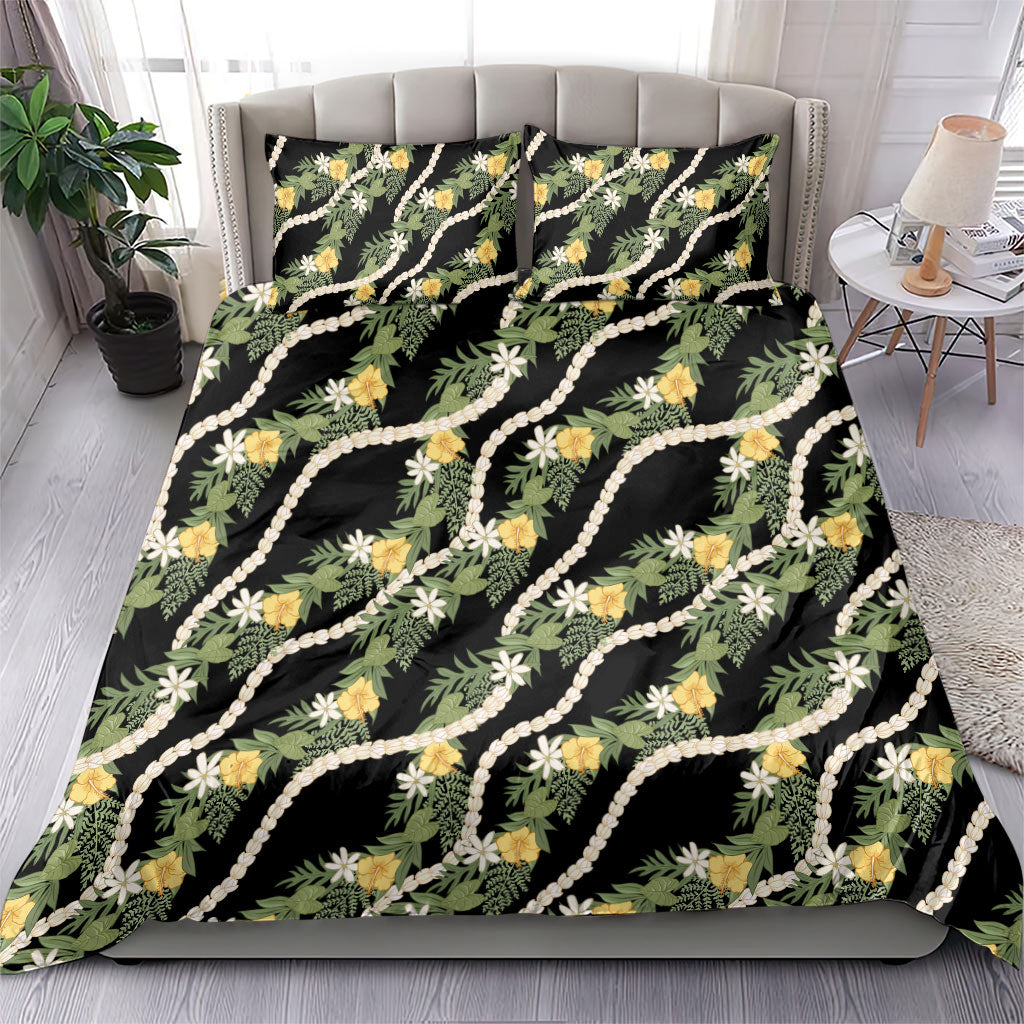Hawaiian Pikake Maile Lei Bedding Set Tiare Hibiscus Kalo Palapalai Leaf Black LT19 - Polynesian Pride