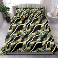 Hawaiian Pikake Maile Lei Bedding Set Tiare Hibiscus Kalo Palapalai Leaf Black LT19 - Polynesian Pride