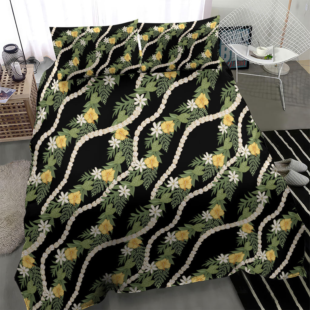 Hawaiian Pikake Maile Lei Bedding Set Tiare Hibiscus Kalo Palapalai Leaf Black LT19 - Polynesian Pride