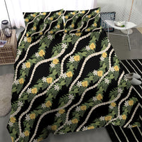 Hawaiian Pikake Maile Lei Bedding Set Tiare Hibiscus Kalo Palapalai Leaf Black LT19 - Polynesian Pride